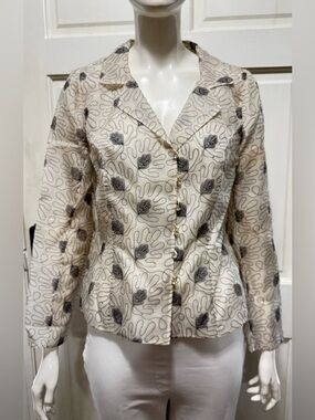 Peggy Jennings 100% Silk Cream Blouse Black Floral Motif Crystal’s Incrusted A